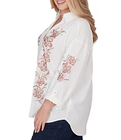 Ruby Rd. Plus Size Embroidered Floral Crepe Point Collar Long Roll-Tab Sleeve Button-Front Shirt