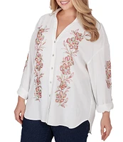 Ruby Rd. Plus Size Embroidered Floral Crepe Point Collar Long Roll-Tab Sleeve Button-Front Shirt