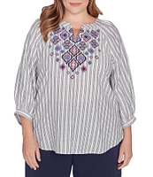 Ruby Rd. Plus Size Embroidered Front Detail Yarn-Dyed Stripe Woven Notch Neck 3/4 Balloon Sleeve Blouse