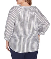 Ruby Rd. Plus Size Embroidered Front Detail Yarn-Dyed Stripe Woven Notch Neck 3/4 Balloon Sleeve Blouse