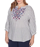 Ruby Rd. Plus Size Embroidered Front Detail Yarn-Dyed Stripe Woven Notch Neck 3/4 Balloon Sleeve Blouse