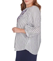 Ruby Rd. Plus Size Embroidered Front Detail Yarn-Dyed Stripe Woven Notch Neck 3/4 Balloon Sleeve Blouse