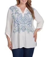 Ruby Rd. Plus Size Embroidered Knit Split V-Neck 3/4 Roll-Tab Sleeve Top