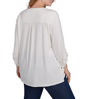 Ruby Rd. Plus Size Embroidered Knit Split V-Neck 3/4 Roll-Tab Sleeve Top