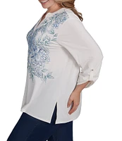 Ruby Rd. Plus Size Embroidered Knit Split V-Neck 3/4 Roll-Tab Sleeve Top