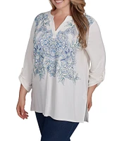 Ruby Rd. Plus Size Embroidered Knit Split V-Neck 3/4 Roll-Tab Sleeve Top