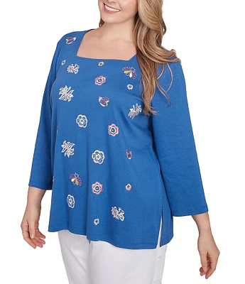 Ruby Rd. Plus Size Embroidered Knit Square Neck 3/4 Sleeve Top