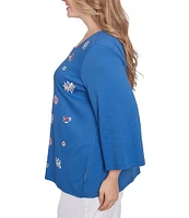 Ruby Rd. Plus Size Embroidered Knit Square Neck 3/4 Sleeve Top