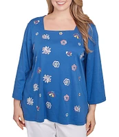 Ruby Rd. Plus Size Embroidered Knit Square Neck 3/4 Sleeve Top