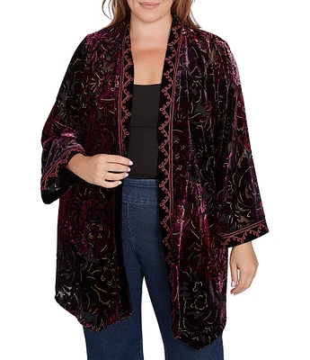 Ruby Rd. Plus Size Embroidered Paisley Velvet Shawl Neck Long Sleeve Open Front Cardigan Sweater