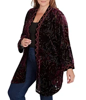 Ruby Rd. Plus Size Embroidered Paisley Velvet Shawl Neck Long Sleeve Open Front Cardigan Sweater