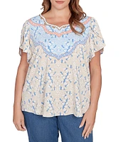 Ruby Rd. Plus Size Embroidered Printed Sweetheart Neck Short Tulip Sleeve Top