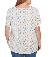 Ruby Rd. Plus Size Embroidered Printed Sweetheart Neck Short Tulip Sleeve Top
