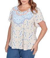 Ruby Rd. Plus Size Embroidered Printed Sweetheart Neck Short Tulip Sleeve Top