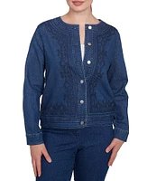 Ruby Rd. Plus Size Embroidered Round Neck Long Sleeve Button-Front Denim Jacket