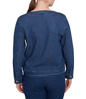 Ruby Rd. Plus Size Embroidered Round Neck Long Sleeve Button-Front Denim Jacket