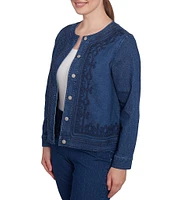 Ruby Rd. Plus Size Embroidered Round Neck Long Sleeve Button-Front Denim Jacket