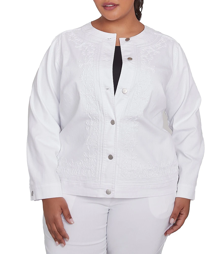 Ruby Rd. Plus Size Embroidered Round Neck Long Sleeve Button-Front Denim Jacket