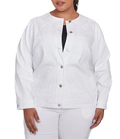 Ruby Rd. Plus Size Embroidered Round Neck Long Sleeve Button-Front Denim Jacket