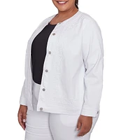 Ruby Rd. Plus Size Embroidered Round Neck Long Sleeve Button-Front Denim Jacket