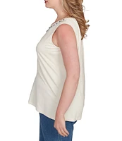 Ruby Rd. Plus Size Embroidered Soft Jersey Knit Embellished Crew Neck Sleeveless Top
