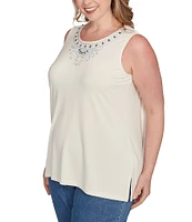 Ruby Rd. Plus Size Embroidered Soft Jersey Knit Embellished Crew Neck Sleeveless Top