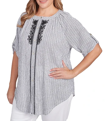 Ruby Rd. Plus Size Embroidered Stripe Puckered Mandarin Collar Short Roll-Tab Sleeve Button Front Shirt