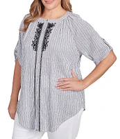 Ruby Rd. Plus Size Embroidered Stripe Puckered Mandarin Collar Short Roll-Tab Sleeve Button Front Shirt