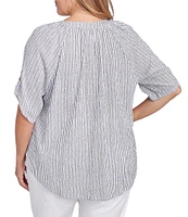Ruby Rd. Plus Size Embroidered Stripe Puckered Mandarin Collar Short Roll-Tab Sleeve Button Front Shirt