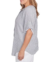 Ruby Rd. Plus Size Embroidered Stripe Puckered Mandarin Collar Short Roll-Tab Sleeve Button Front Shirt