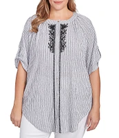 Ruby Rd. Plus Size Embroidered Stripe Puckered Mandarin Collar Short Roll-Tab Sleeve Button Front Shirt