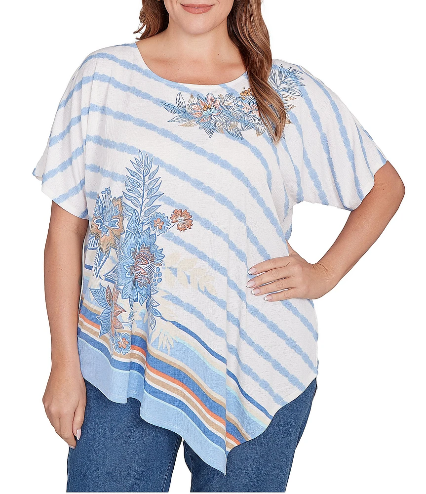 Ruby Rd. Plus Size Embroidered Stripe Scoop Neck Short Sleeve Asymmetric Hem Knit Top