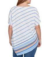Ruby Rd. Plus Size Embroidered Stripe Scoop Neck Short Sleeve Asymmetric Hem Knit Top