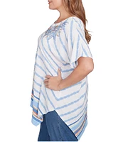 Ruby Rd. Plus Size Embroidered Stripe Scoop Neck Short Sleeve Asymmetric Hem Knit Top