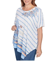 Ruby Rd. Plus Size Embroidered Stripe Scoop Neck Short Sleeve Asymmetric Hem Knit Top