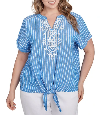Ruby Rd. Plus Size Embroidered Stripe Split V-Neck Short Sleeve Tie-Front Top
