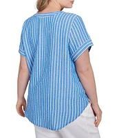 Ruby Rd. Plus Size Embroidered Stripe Split V-Neck Short Sleeve Tie-Front Top
