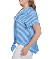 Ruby Rd. Plus Size Embroidered Stripe Split V-Neck Short Sleeve Tie-Front Top