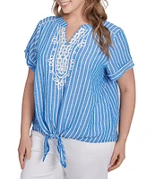 Ruby Rd. Plus Size Embroidered Stripe Split V-Neck Short Sleeve Tie-Front Top