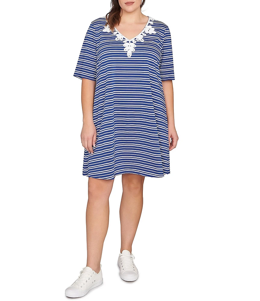 Ruby Rd. Plus Size Embroidered Stripe V-Neck Elbow Sleeve Shift Dress