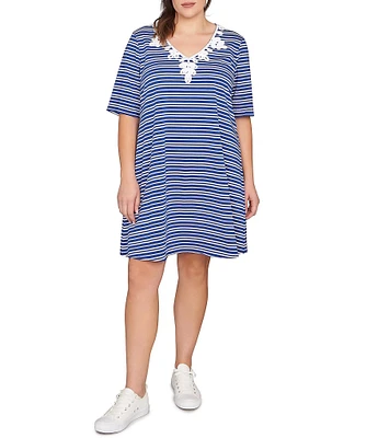 Ruby Rd. Plus Size Embroidered Stripe V-Neck Elbow Sleeve Shift Dress