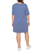 Ruby Rd. Plus Size Embroidered Stripe V-Neck Elbow Sleeve Shift Dress
