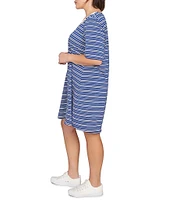 Ruby Rd. Plus Size Embroidered Stripe V-Neck Elbow Sleeve Shift Dress