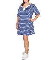 Ruby Rd. Plus Size Embroidered Stripe V-Neck Elbow Sleeve Shift Dress