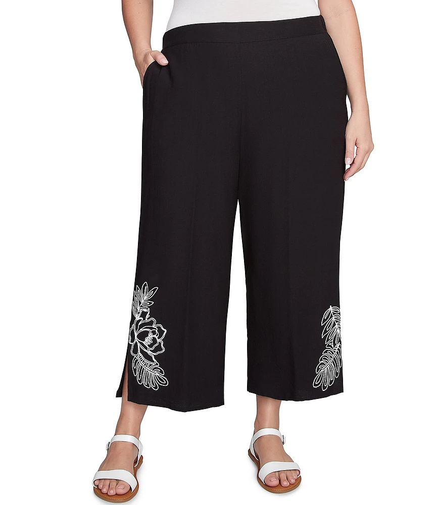 Ruby Rd. Plus Size Embroidered Tropical Fern Wide Leg Pull-On Cropped Pants