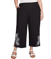 Ruby Rd. Plus Size Embroidered Tropical Fern Wide Leg Pull-On Cropped Pants