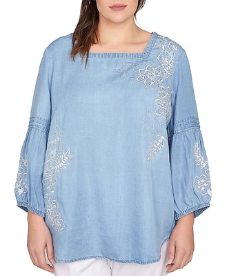 Ruby Rd. Plus Size Embroidery Floral Square Neck 3/4 Bishop Sleeve Top