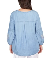 Ruby Rd. Plus Size Embroidery Floral Square Neck 3/4 Bishop Sleeve Top
