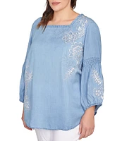 Ruby Rd. Plus Size Embroidery Floral Square Neck 3/4 Bishop Sleeve Top