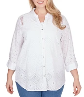 Ruby Rd. Plus Size Eyelet Diamond Woven Point Collar 3/4 Roll-Tab Sleeve Button-Front Shirt